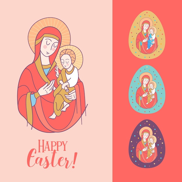¡Felices Pascuas! Ilustración vectorial. La virgen y Jesucristo. El huevo de Pascua.