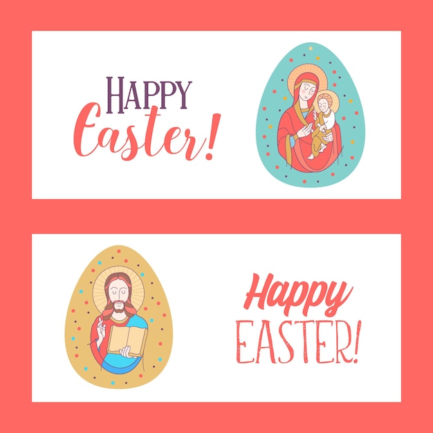 ¡Felices Pascuas! Ilustración vectorial. La virgen y Jesucristo. El huevo de Pascua.