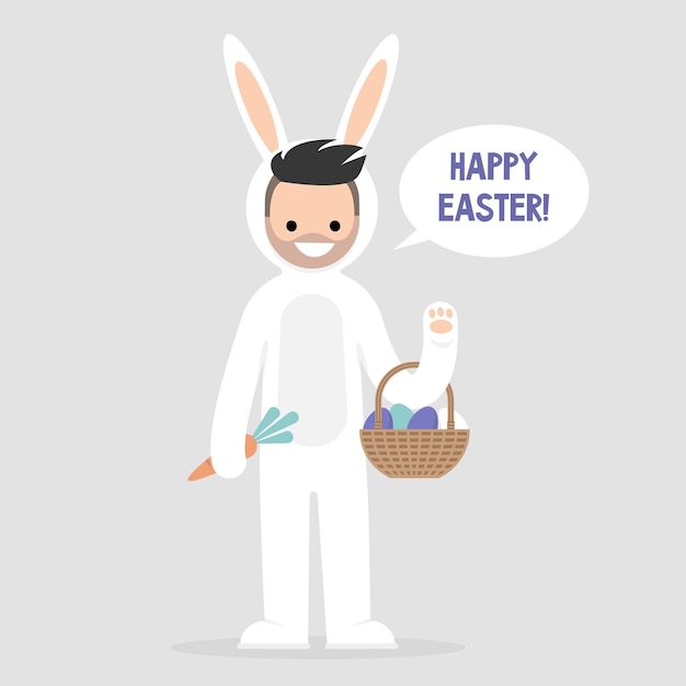 Vector felices pascuas joven personaje masculino con un disfraz de conejito blanco y sosteniendo una canasta con huevos teñidos vacaciones ilustración vectorial plana editable prediseñadas cultura y celebraciones