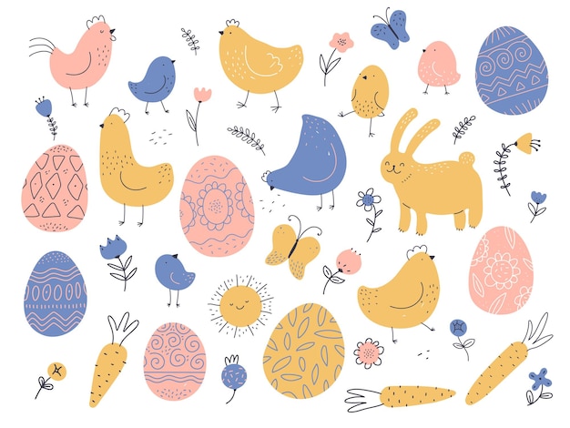 Felices Pascuas Lindas gallinas gallinas y huevos estampados decorativos conejo con zanahoria y mariposa animales domésticos aves de granja y flores dibujos animados aves de corral vector garabato conjunto