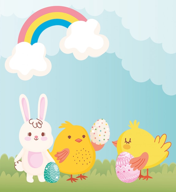 Felices pascuas lindo conejo pollos con huevos arcoiris nubes decoración