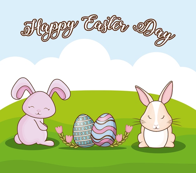 Felices Pascuas con lindos conejos con huevos de Pascua sobre fondo de paisaje