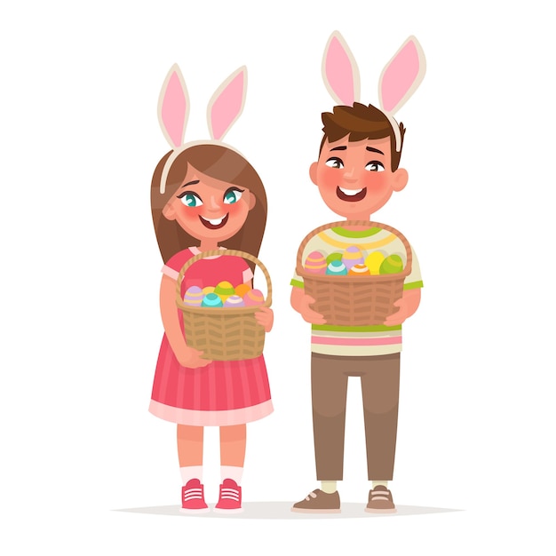 Felices Pascuas. Niños con cestas llenas de huevos. Un niño y una niña vestidos con orejas de conejo. Elemento de diseño. en estilo de dibujos animados