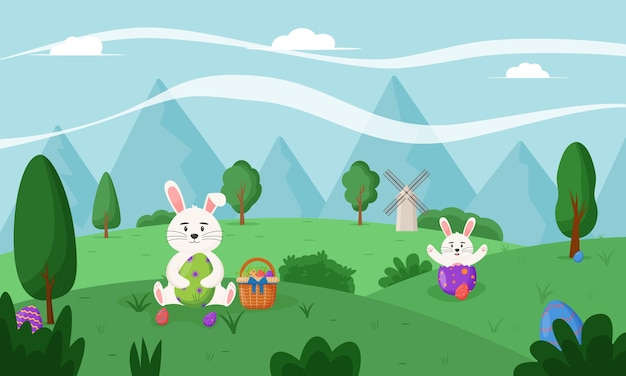 Felices Pascuas, paisaje primaveral con lindo conejito de Pascua. Felices huevos de Pascua. Felices pancartas de Pascua, tarjetas de felicitación, carteles, portadas de vacaciones.