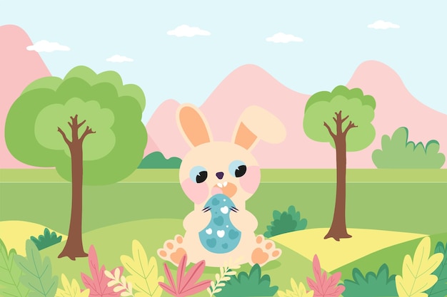 Felices Pascuas con tarjeta de conejo y lindo paisaje. ilustración vectorial