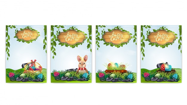 Felices pascuas, tarjetas postales de colección con elementos de pascua y paisaje de primavera