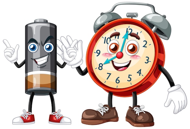 Felices personajes de dibujos animados de batería y reloj