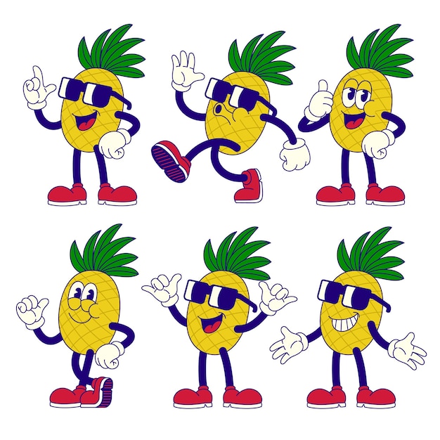 Felices personajes de dibujos animados de piña con varias poses