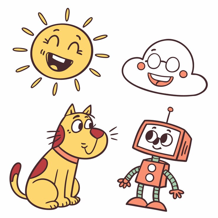 Felices personajes de dibujos animados, el sol, la nube, el perro y el robot.