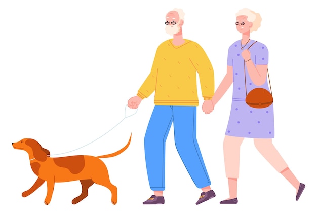 Vector felices personas mayores caminando con perro con correa ancianos al aire libre aislados sobre fondo blanco