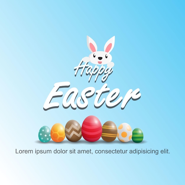 Felices saludos de pascua con ilustración simple de huevos de pascua y conejito