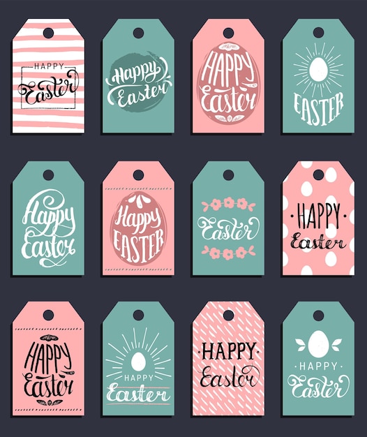 Felices tarjetas de felicitación vectoriales de Pascua con letras en forma de huevos Ilustraciones vectoriales festivas religiosas para etiquetas adhesivas, etc.