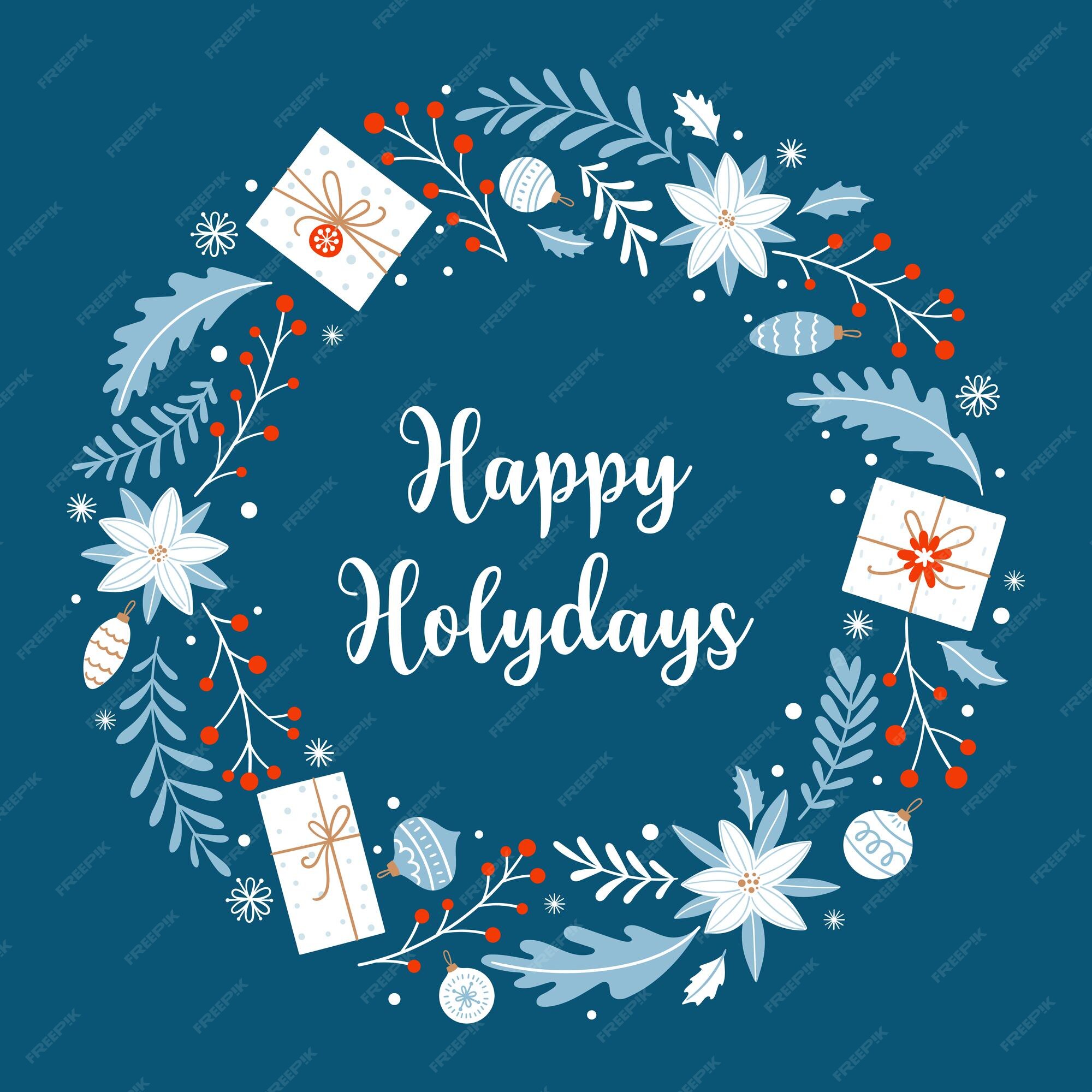 Felices vacaciones. tarjeta de navidad con regalos, flores de nochebuena y otras decoraciones navideñas sobre un fondo azul. corona redonda en estilo escandinavo. | Vector Premium Felices vacaciones. tarjeta de navidad con regalos, flores de nochebuena y otras decoraciones navideñas sobre un fondo azul. corona redonda en estilo escandinavo. | Vector Premium
