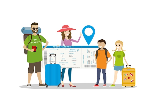 Felices viajeros familiares con equipaje y gran tarjeta de embarque divertidos personajes de turismo de vacaciones vector