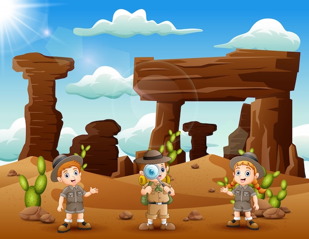 Vector felices zookeepers explorados en el desierto