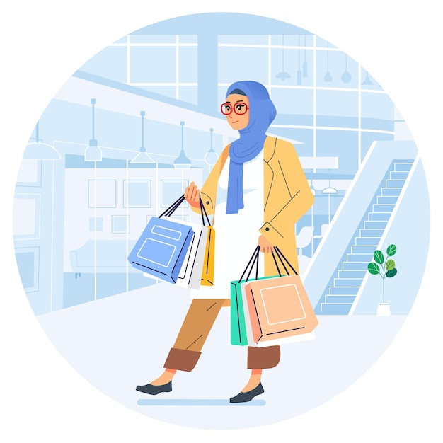 Vector felicidad alegre adicta a las compras elegante hijab de moda mujer musulmana en una tienda comercial llevando bolsas de compras