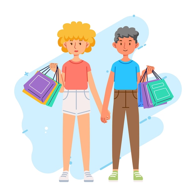 Felicidad alegre adicta a las compras elegante pareja de moda en la tienda del centro comercial llevando bolsas de compras