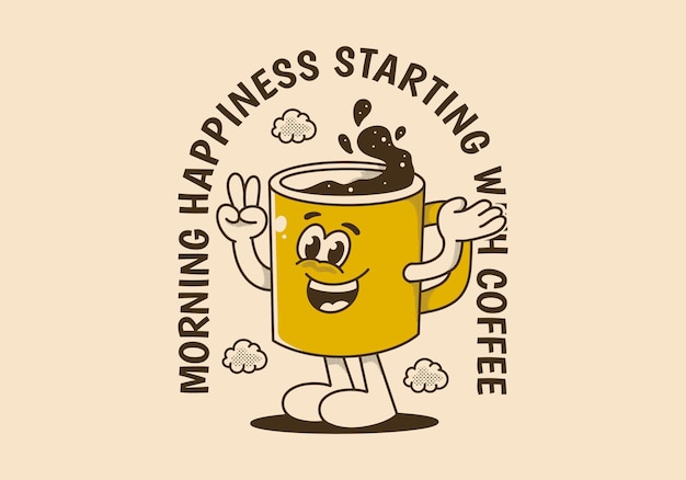 Felicidad matutina comenzando con café Ilustración de personaje de mascota de taza de café con cara feliz