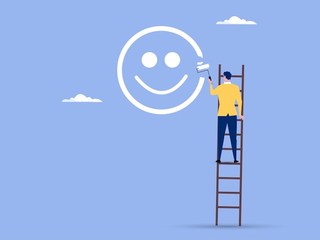 Felicidad y pensamiento positivo optimismo o motivación para vivir una vida feliz concepto niño feliz subir por la escalera para pintar una cara sonriente en la pared ilustración vectorial