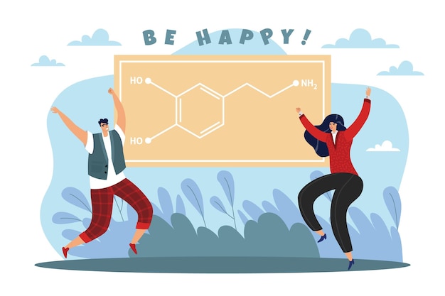 Vector la felicidad química la fórmula orgánica el signo de la hormona dopamina y el neurotransmisor el hombre y la mujer felices saltando y bailando el amor y el placer sintiendo el concepto plano de dibujos animados vectorial