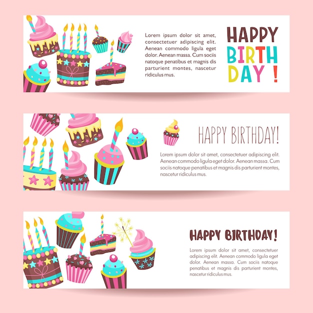 Felicidades en tu cumpleaños. Hermosos pasteles lindos y pasteles a la luz de las velas. ilustración vectorial