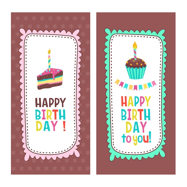 Felicidades en tu cumpleaños. Hermosos pasteles lindos y pasteles a la luz de las velas. Marcos dibujados a mano. ilustración vectorial