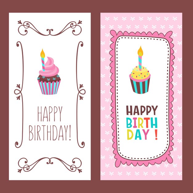 Felicidades en tu cumpleaños. Hermosos pasteles lindos y pasteles a la luz de las velas. Marcos dibujados a mano. ilustración vectorial