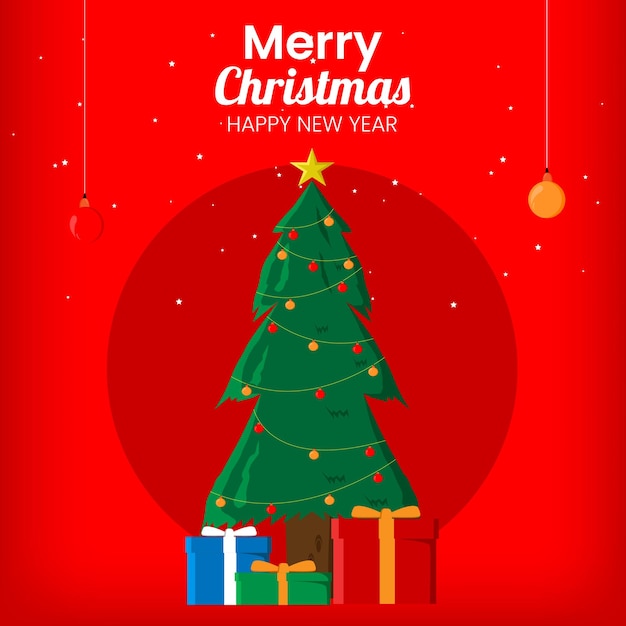 Felicitación navideña con cajas de regalo y árbol de navidad decorativo