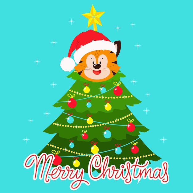 Felicitación navideña con un tigre y un árbol de Navidad festivo Un elemento de diseño del Año Nuevo chino