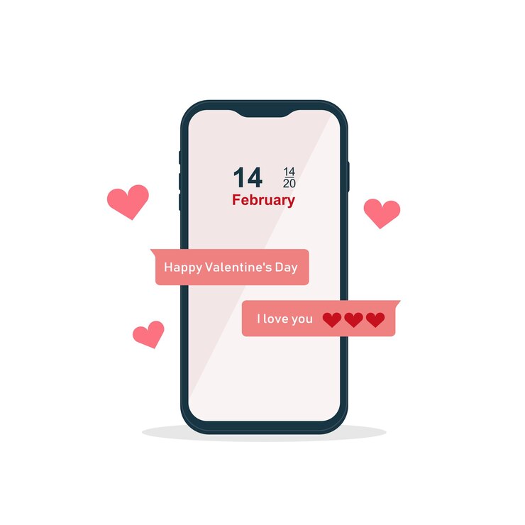 Vector felicitaciones por el día de san valentín a través de un teléfono móvil. pantalla de teléfono móvil con correspondencia de amor.