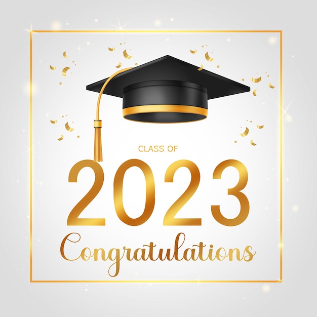 Felicitaciones diseño de vector de texto de saludo Gorra de graduación con borde y confeti en marco dorado