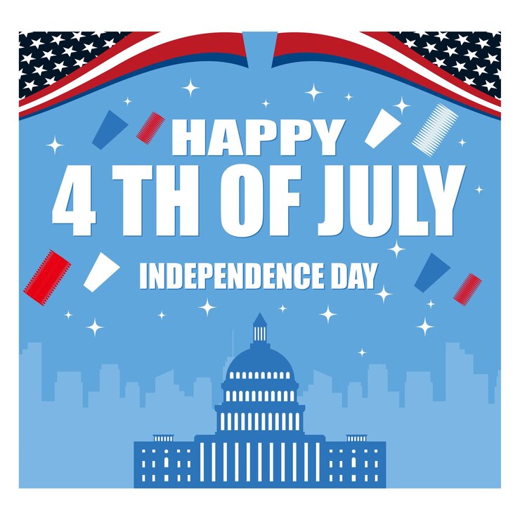 Vector feliz 4 de julio día de la independencia de los estados unidos plantilla de bandera con fuegos artificiales y el paisaje urbano de los ee.uu. en un fondo azul marino ilustración vectorial plana moderna