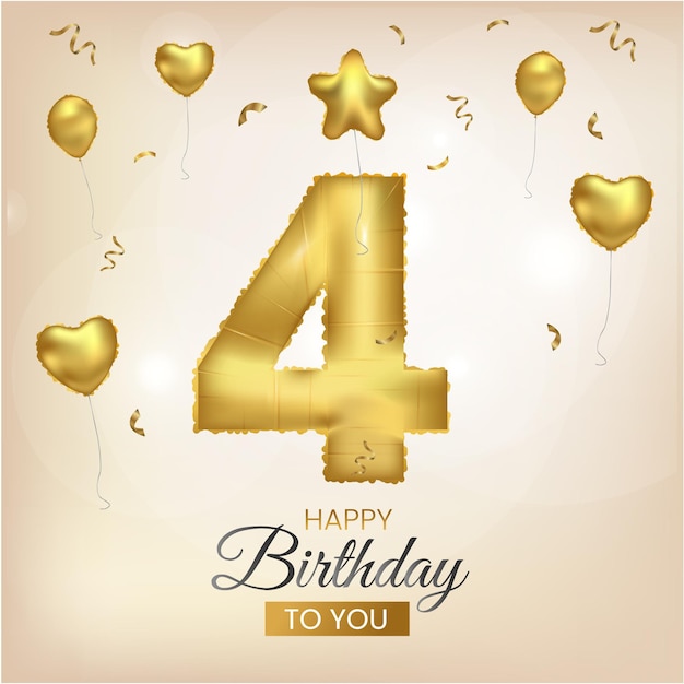 Feliz 4o cumpleaños globo de papel de aluminio dorado fondo de saludo ilustración del aniversario de 4 años