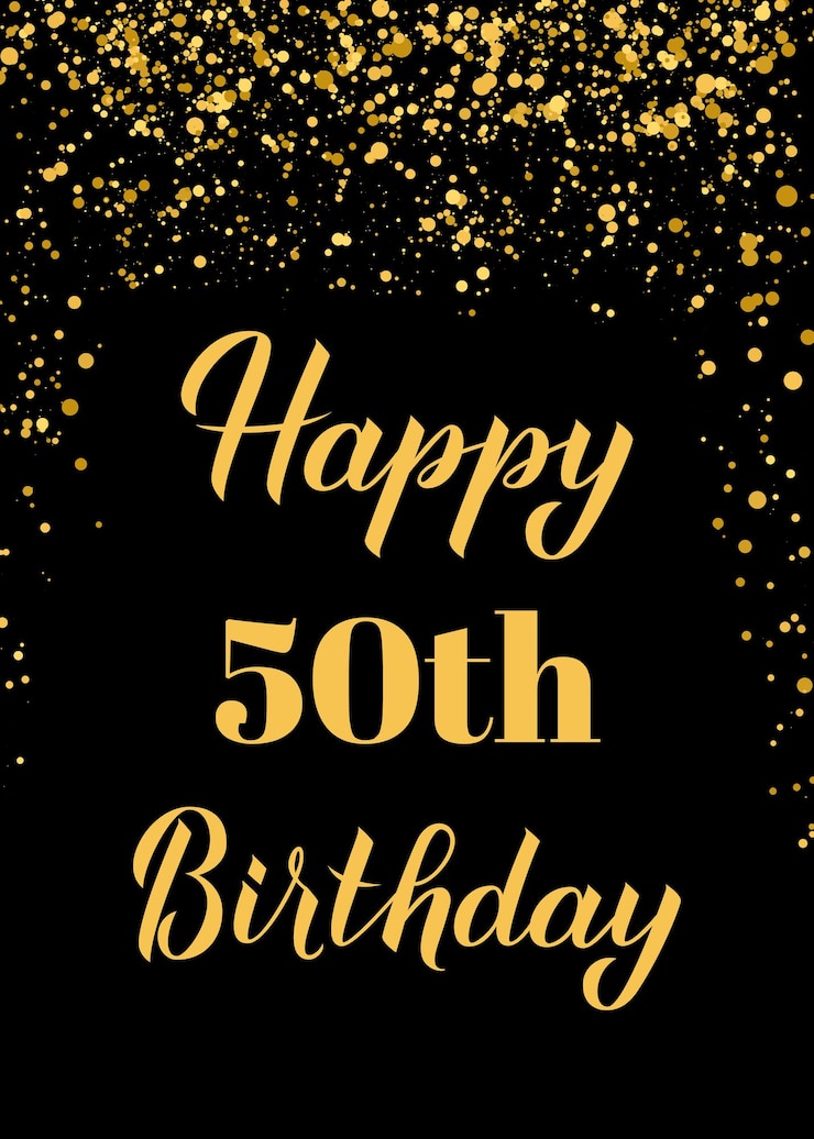 Vector feliz 50o cumpleaños cartel de celebración escrito a mano confeti negro y dorado decoraciones de fiesta de cumpleaños o aniversario fácil de editar plantilla vectorial para tarjetas de felicitación tarjetas postales pancartas signo etc.