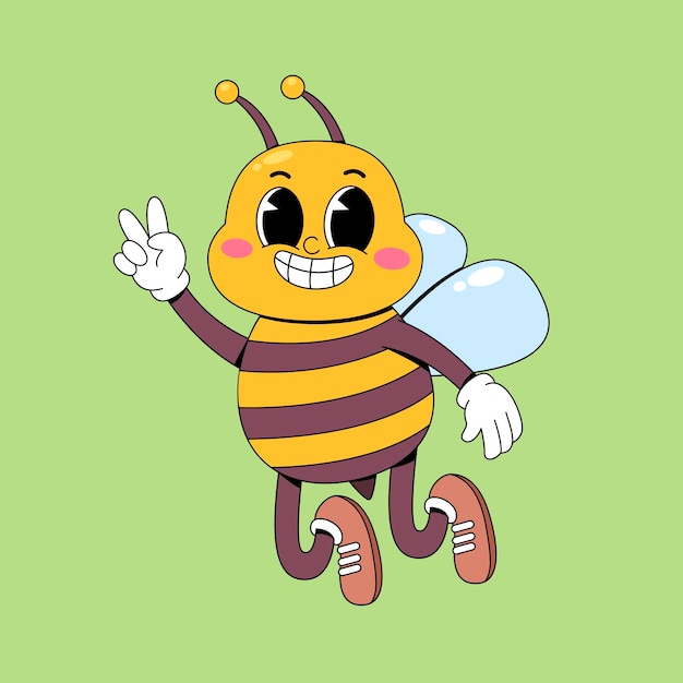 Feliz abeja de dibujos animados retro dando una señal de paz