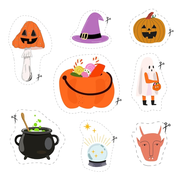 Feliz adhesivas vectoriales de Halloween con línea discontinuada para cortar conjunto de dibujos animados de elementos de Halloween