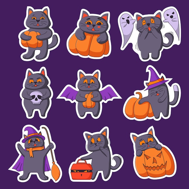 Feliz adhesivo de gatos de Halloween Gato con una calabaza en disfraces Gato con el sombrero de bruja