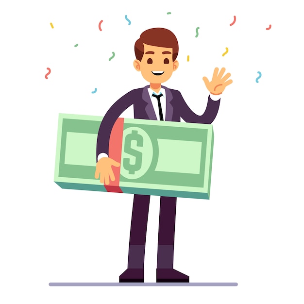 Feliz adolescente ganador con dinero dólares premio. Lotería, buena suerte y concepto de vector de juego de casino