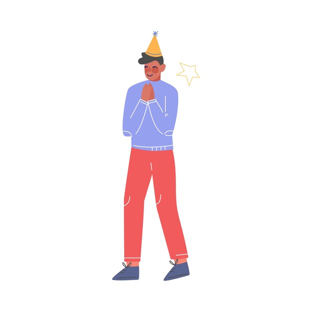 Feliz adolescente con sombrero de fiesta celebrando cumpleaños Navidad o Año Nuevo Ilustración vectorial de dibujos animados
