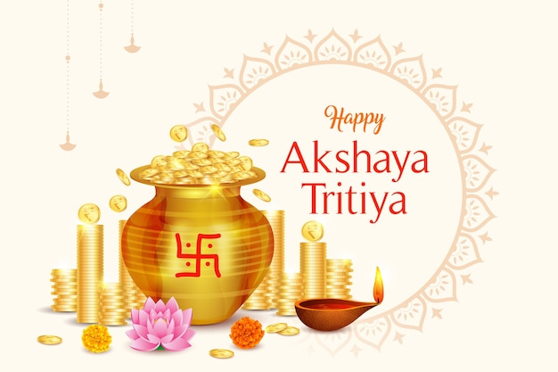 Feliz Akshaya Tritiya Festival Moneda de oro en fondo Kalash