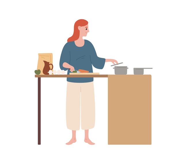 Feliz ama de casa moderna cocinando comida en la cocina vector ilustración plana. Mujer sonriente preparando comida en estufa aislada en blanco. Mujer cortando verduras en una tabla de madera en la mesa.
