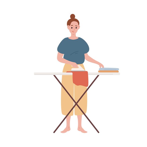 Feliz ama de casa moderna planchando ropa vector ilustración plana. Mujer sonriente haciendo tareas domésticas de rutina usar hierro aislado en blanco. Personaje femenino durante la actividad doméstica con equipo.