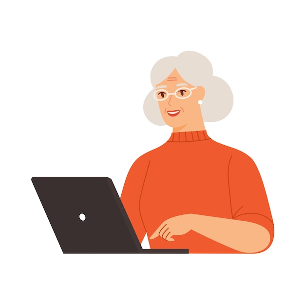 Vector feliz anciana con laptop freelaner trabajando en línea o persona estudiando en línea