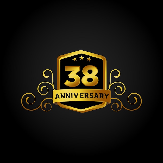 Vector feliz aniversario, logotipo de celebración de aniversario de 38 años. logotipo, número dorado de lujo en negro.