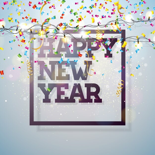 Feliz año nuevo 2018 ilustración con diseño de tipografía y luz Garland en confeti brillante
