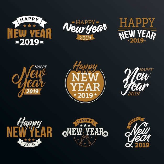 Feliz año nuevo 2019 conjunto de emblemas tipográficos