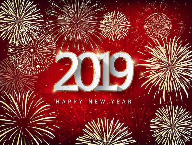 Vector feliz año nuevo 2019 con fondo de fuegos artificiales. año nuevo chienés, año del cerdo.
