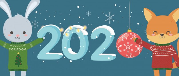 Feliz año nuevo 2020 celebración lindo conejo zorro con suéter feo luces bola de nieve