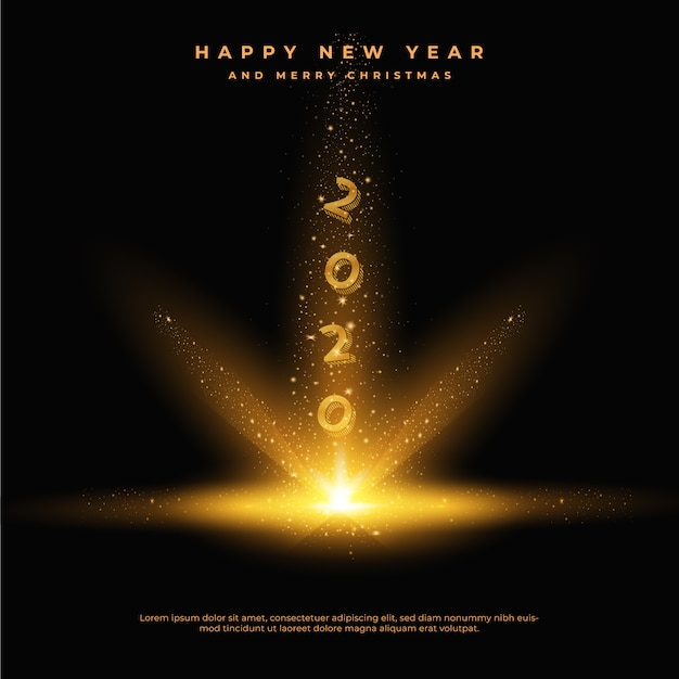 Feliz año nuevo 2020 con colas de polvo doradas y brillantes, tarjeta de felicitación