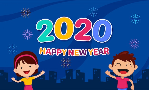 Feliz año nuevo 2020 dibujos animados para niños celebración con fondo de cielo nocturno